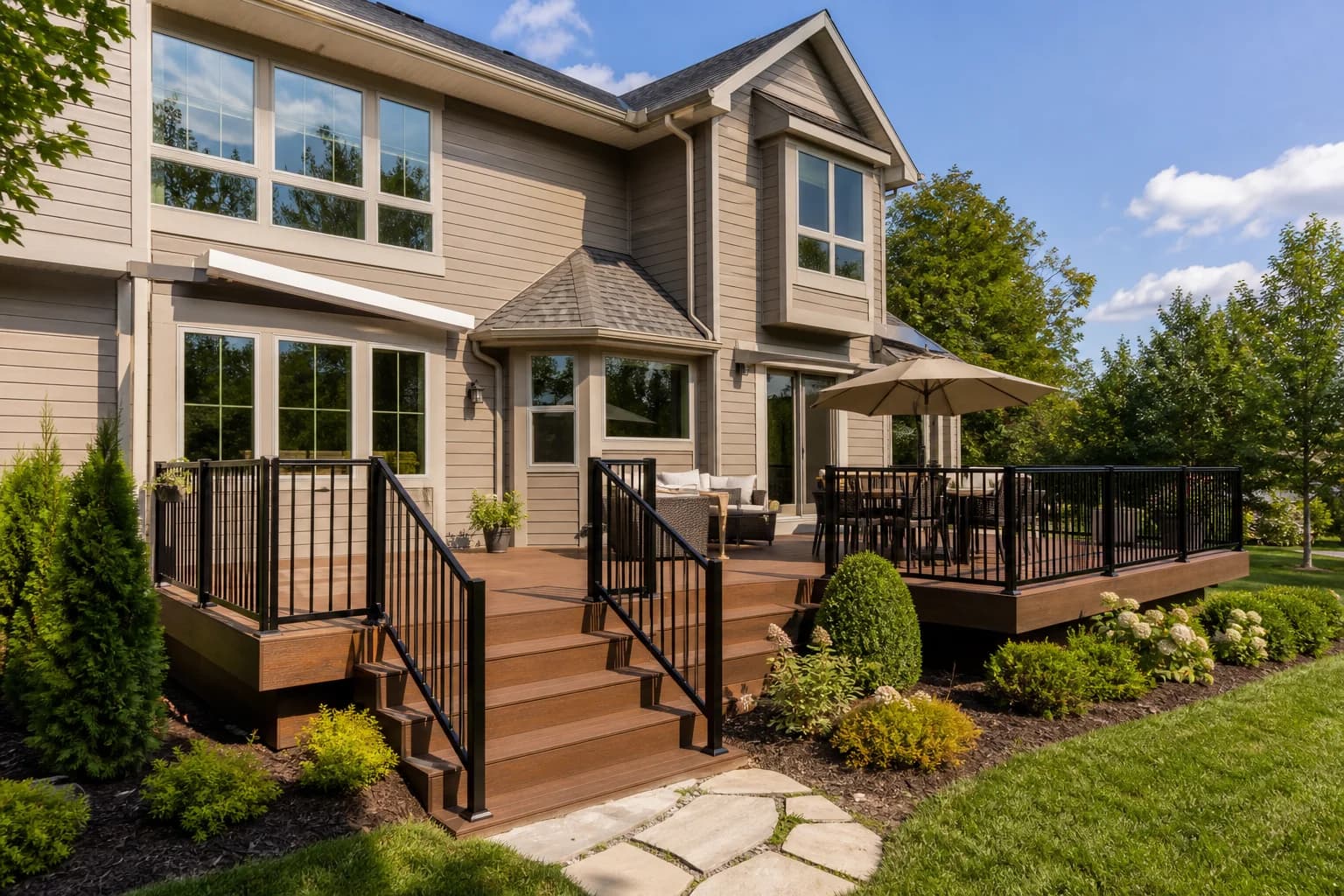 Composite deck with modern railing on a suburban home in spring