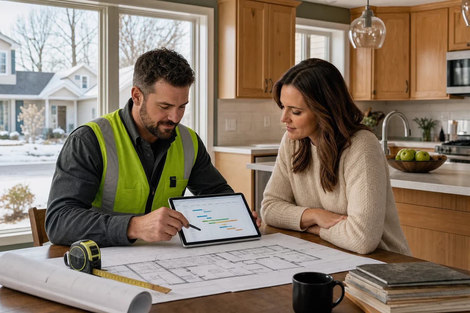 Contractor and homeowner reviewing 2026 home renovation plans at a suburban Midwest home