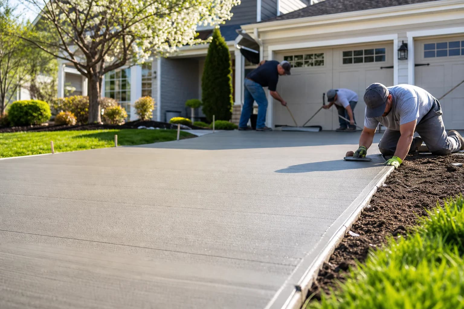 Freshly poured concrete driveway during spring construction season