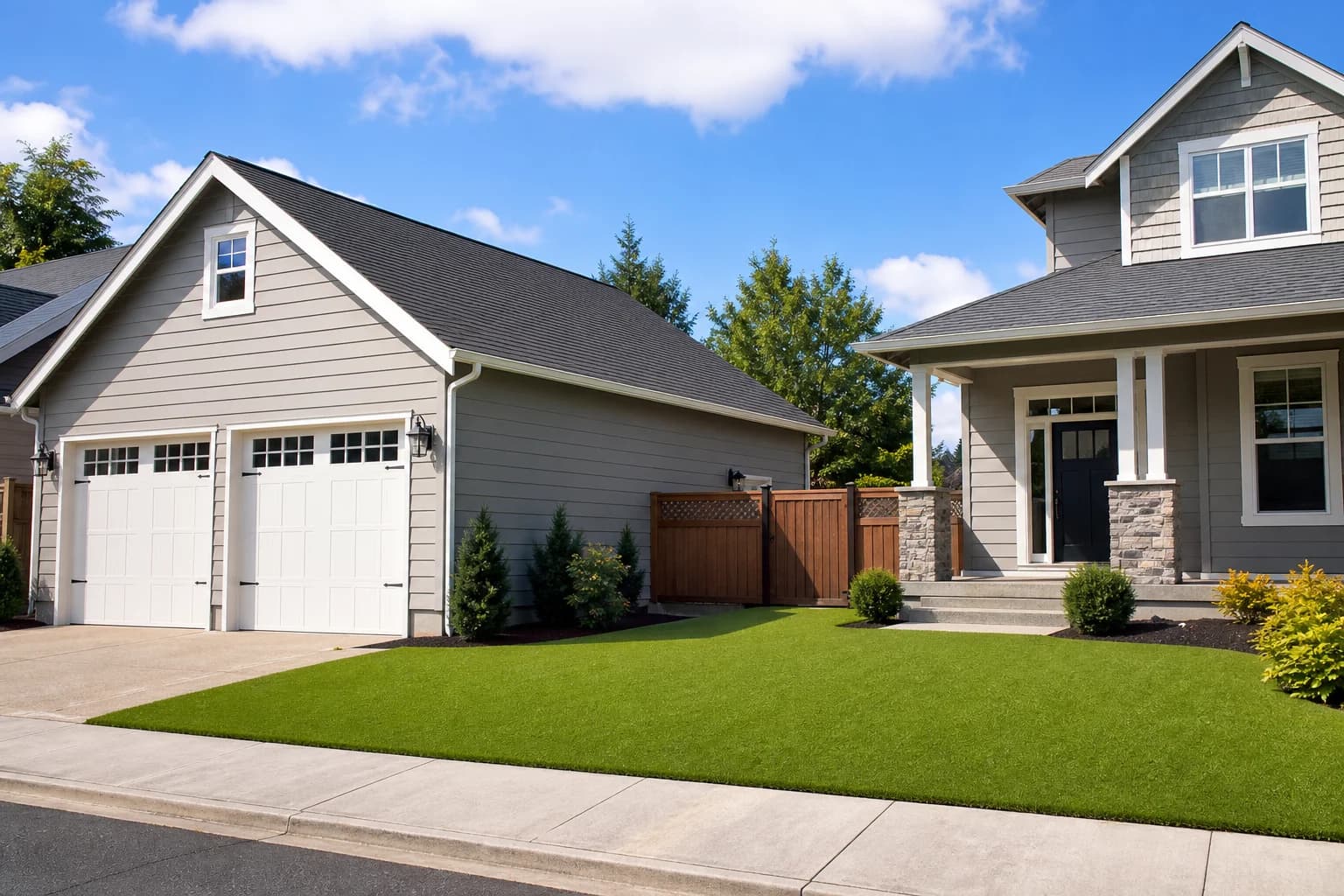 Detached garage and synthetic turf backyard on a summer-ready suburban property