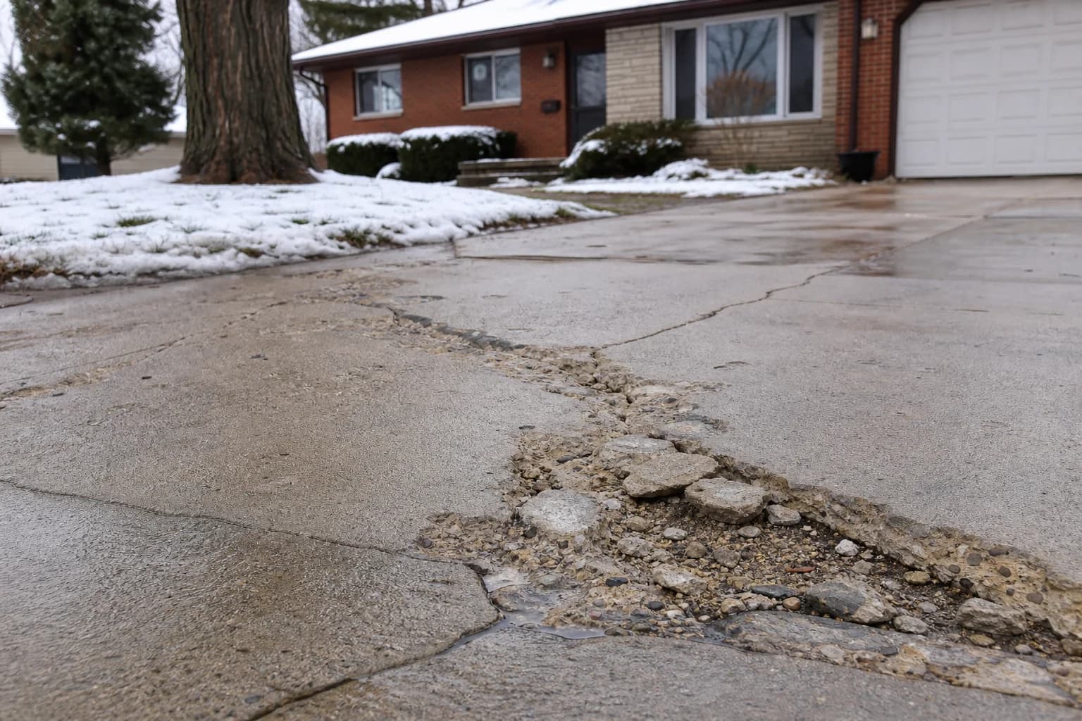 Cracked concrete driveway with winter freeze-thaw damage at a suburban home
